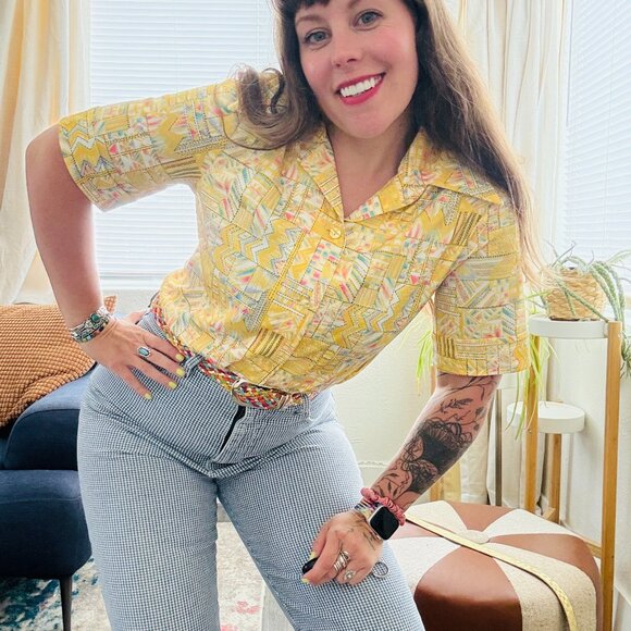 Vintage 70s Bright Yellow Geometric Printed Dagger Collar Button Down Shirt LG - Picture 12 of 12